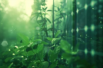 Naklejka premium Serene lush green foliage with sunlight filtering through, creating a calming atmosphere with sparkling light effects, ideal for nature concepts.