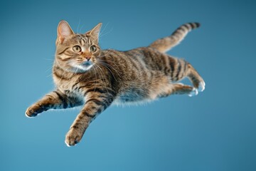 A tabby cat is captured mid-leap against a blue background, displaying grace and agility in its jump