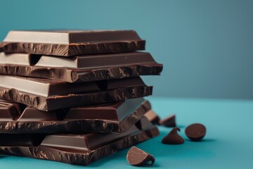 A stack of dark chocolate pieces on a blue surface with scattered chocolate chips in the background
