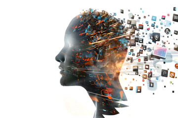 Artistic digital head profile with icons and data streaming out, symbolizing artificial intelligence, innovation, and the intersection of technology with human creativity.