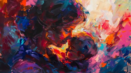 Vibrant abstract painting of a mother tenderly cradling her baby, using rich, expressive brushstrokes and a diverse color palette