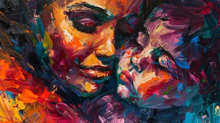 A vibrant, abstract painting of a mother and child sharing a tender moment, with a riot of colors blending together. The brushstrokes evoke deep emotion and warmth