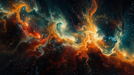 Abstract Swirling Nebula with Orange, Blue and Gold Colors