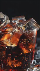 closeup of a glass filled with sparkling  fizzy cola beverage with clear space and dramatic lighting effects