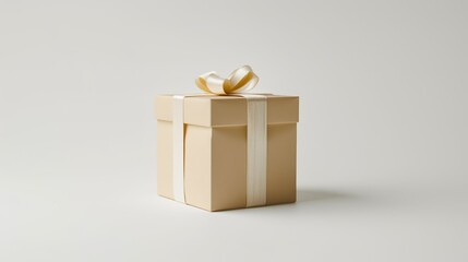 A neatly wrapped beige gift box with a white ribbon and bow sits against a plain, light background