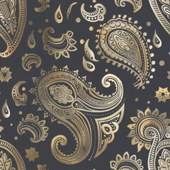 seamless pattern, Elegant gold paisley pattern on a dark background, featuring intricate details and floral elements, perfect for textile and design backgrounds.