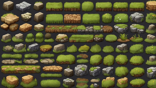 Pixel art textures for various ground surfaces such as grass, dirt, sand, and stone, each with distinctive patterns and details.
