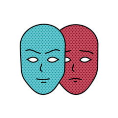 deep fake two face masks with different moods halftone hand drawn  color vector illustration
