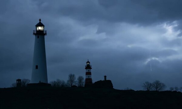 Wide-angle shot: A lone lighthouse standing tall on a rugged cliff during a stormy night, with waves crashing against the rocks below 4k Video