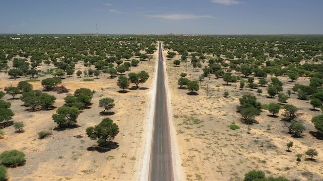aerial view highway bush outback, desert area with trees