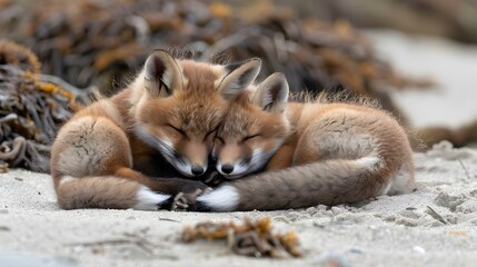 Wild baby red foxes cuddling at the beach