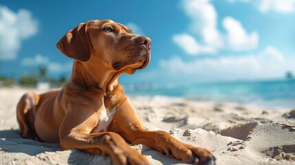 A brown dog lays on a sandy beach under clear blue skies, enjoying a sunny day by the ocean.