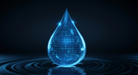 Fototapeta premium Digital blue water drop with binary code isolated on dark background.