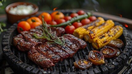 Outdoor grill with juicy meats and vibrant vegetables, creating an ideal summer family barbecue scene