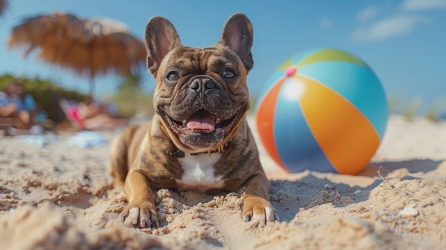 Happy French Bulldog relaxing on a sandy beach with a colorful beach ball under a sunny sky. Perfect summer vibes and fun outdoor pet moments.