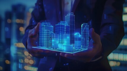 Business man presenting a blue hologram of a modern building, highlighting real estate investment opportunities