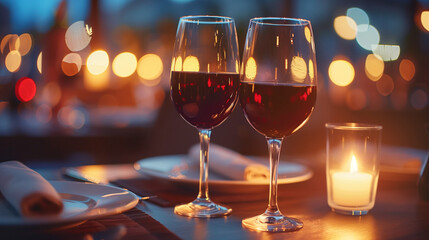 two glasses of wine for a couple at a fancy restaurant, concept for a romantic candlelit dinner