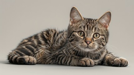Adorable tabby cat lying on the floor, looking directly at the camera with attentive eyes, displaying beautiful fur patterns and texture.