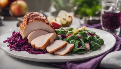 Baked turkey breast with red cabbage salad, spinach, apples. Proper nutrition.