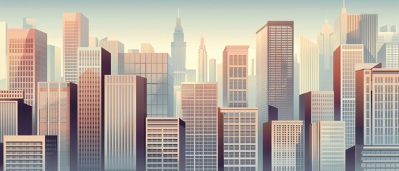 Fototapeta premium A vintage pop art cityscape with bright, contrasting colors and bold lines, depicting a bustling urban environment
