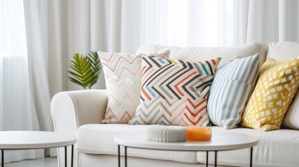A modern living room with throw pillows featuring vibrant geometric safari animal print patterns
