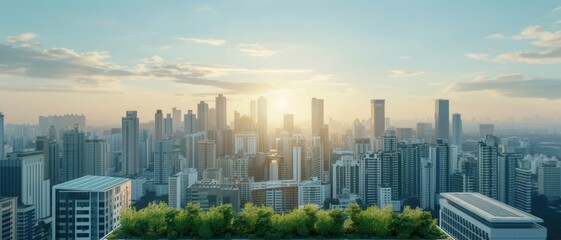 Naklejka premium A modern city skyline with buildings covered in green roofs and solar panels, representing sustainable urban development