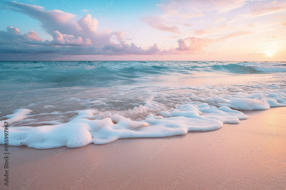 Poster Sunset on the sea waves.  Tropical beach.