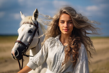 Fototapeta premium beautiful woman with long hair and horse, on a field.