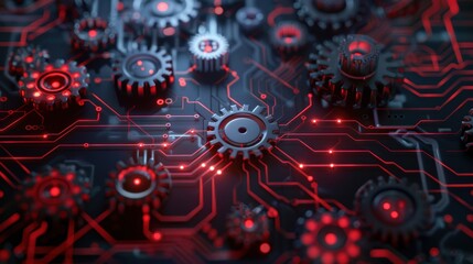 A digital background featuring interconnected gears and circuits, symbolizing complex tech processes and automation