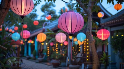 Fototapeta premium A row of colorful lanterns hang from the trees, creating a festive atmosphere