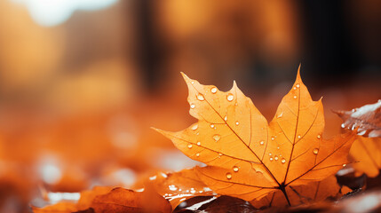 Orange maple leaves on a branch with bokeh in the background.