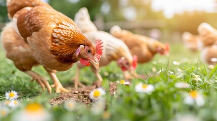 Fototapeta premium A close-up of a group of chickens pecking at the ground, with lush green grass and wildflowers around them