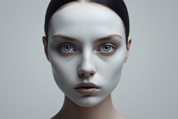 A woman with pale skin and blue eyes wearing a white face mask stares at the camera, leaving only her eyes and eyebrows visible against a plain gray background