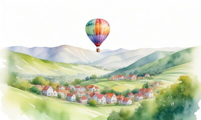 Naklejka premium Watercolor painting depicting a hot air balloon floating over a small village nestled in a rolling countryside