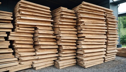Large warehouse filled with neatly stacked wooden planks, ready for construction or manufacturing