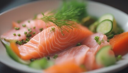 Raw Salmon sashimi with vegetable in ceramic bowl