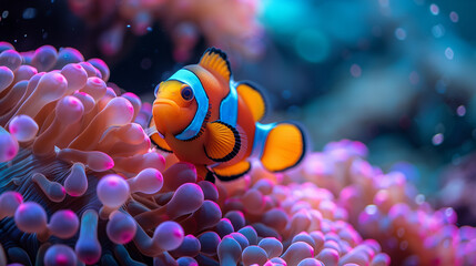 Clown fish with ​​anemone in the deep sea underwater. Anemone fish Nemo background