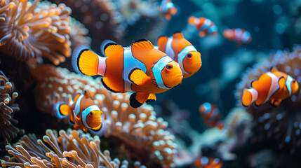 Clown fish with ​​anemone in the deep sea underwater. Anemone fish Nemo background