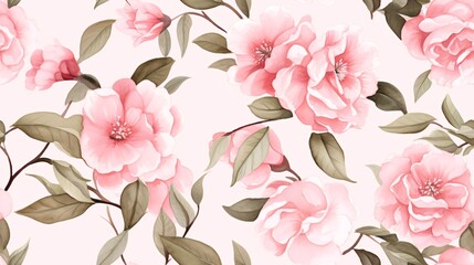Fototapeta premium Seamless watercolor camellia flowers in full bloom with delicate leaves on a sophisticated backdrop