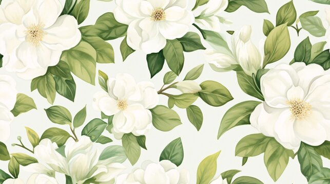 Vintage-inspired design with white camellia flowers and green foliage in a seamless watercolor pattern