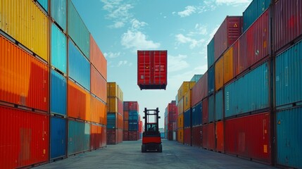Fototapeta premium A forklift lifts a cargo container in a yard surrounded by stacks of containers, preparing for transportation and logistics.