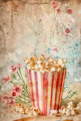 watercolor vintage scrapbook junk journal page, copy space in center, watercolor clipart of Popcorn bucket on parchment paper, for Junk Journal, Digital Paper, Printable 