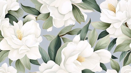 Fototapeta premium Timeless white camellia flowers and leaves in a seamless watercolor pattern with a luxurious touch