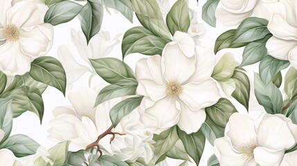 Timeless white camellia flowers and leaves in a seamless watercolor pattern with a luxurious touch