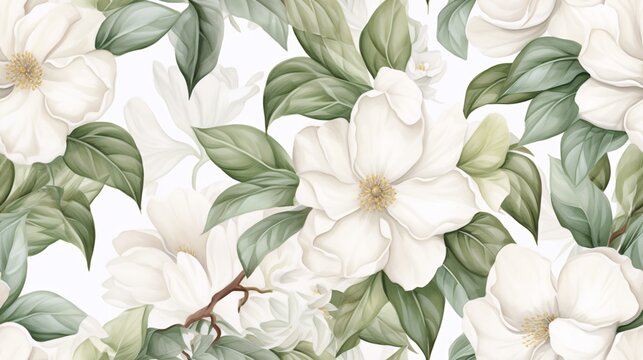 Timeless white camellia flowers and leaves in a seamless watercolor pattern with a luxurious touch