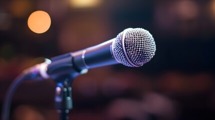 Microphone on Stand with Spotlight in Blurred Background for Professional Performance or Presentation