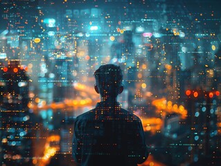 Silhouette of a person against a futuristic cityscape with glowing lights and data overlays, representing technology and urban innovation.