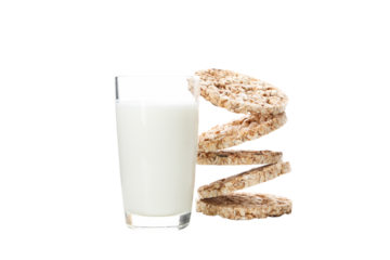 PNG bread with a glass of milk isolated on white background.