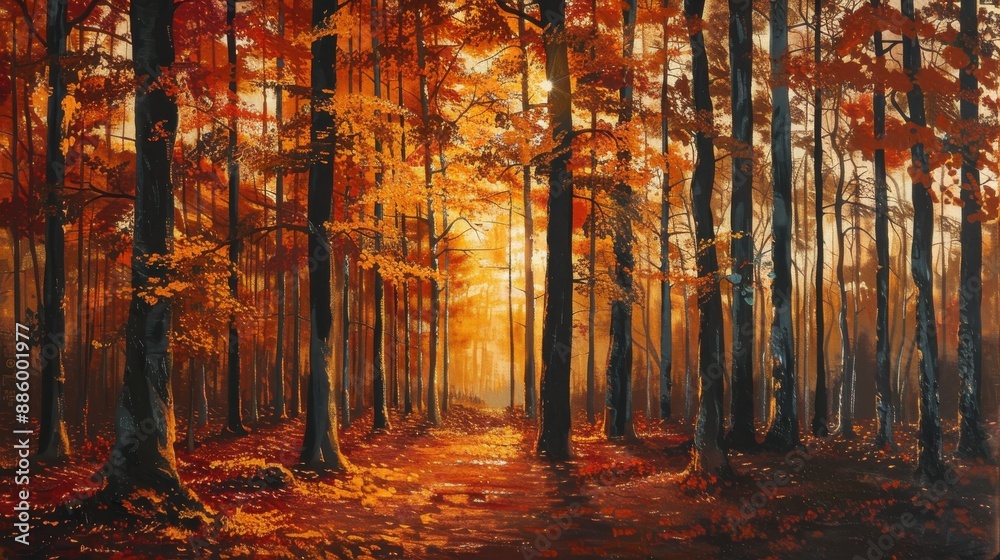 Poster Sunlight streams through the trees of a dense forest in the late afternoon, casting long shadows across the forest floor covered with fallen leaves.