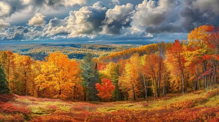 Fototapeta premium A vast expanse of vibrant autumn foliage dominates the foreground, with a mix of yellows, oranges, and reds. The trees stand tall against a backdrop of distant rolling hills, their peaks disappearing 